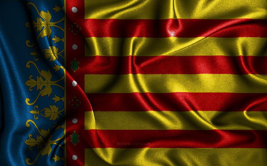 Флаг на Валенсия, , копринени вълнони знамена, испански провинции, Ден на Валенсия, знамена от плат, Знаме на Валенсия, 3D изкуство, Валенсия, Европа, Провинции на Испания, 3D флаг на Валенсия, Испания HD тапет