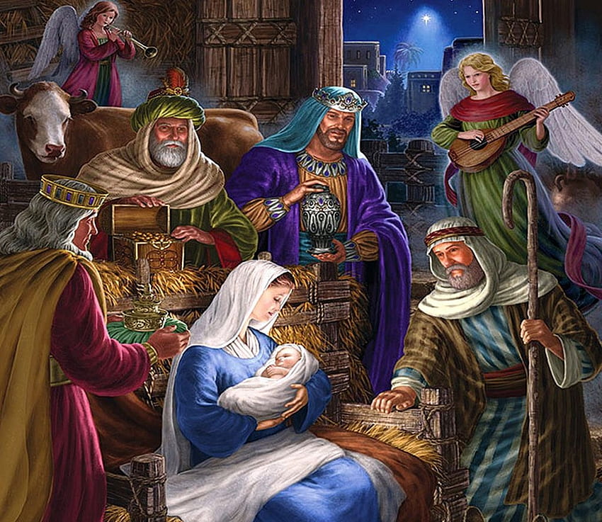 The Holy Kings, cow, wise men, jesus, angel, painting, christmas, mother, mary, child HD wallpaper