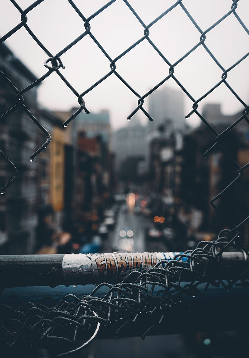 Rain, City, , , Blur, Smooth, Grid, Fence, Hole HD phone wallpaper