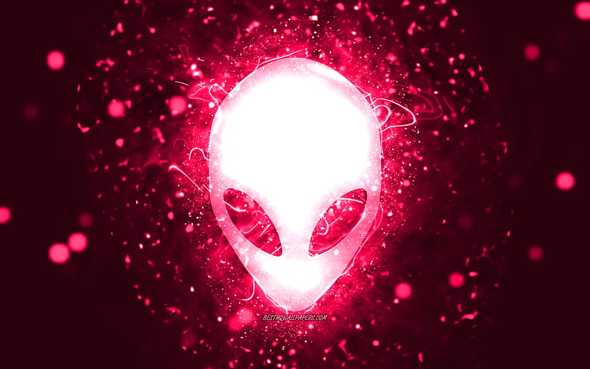 Alienwareのピンクのロゴ、ピンクのネオン、クリエイティブ、ピンクの抽象的な背景、Alienwareのロゴ、ブランド、Alienware 高画質の壁紙