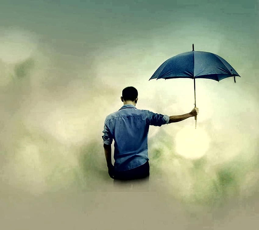 雨の中で一人の少年、傘を持つ少年 高画質の壁紙