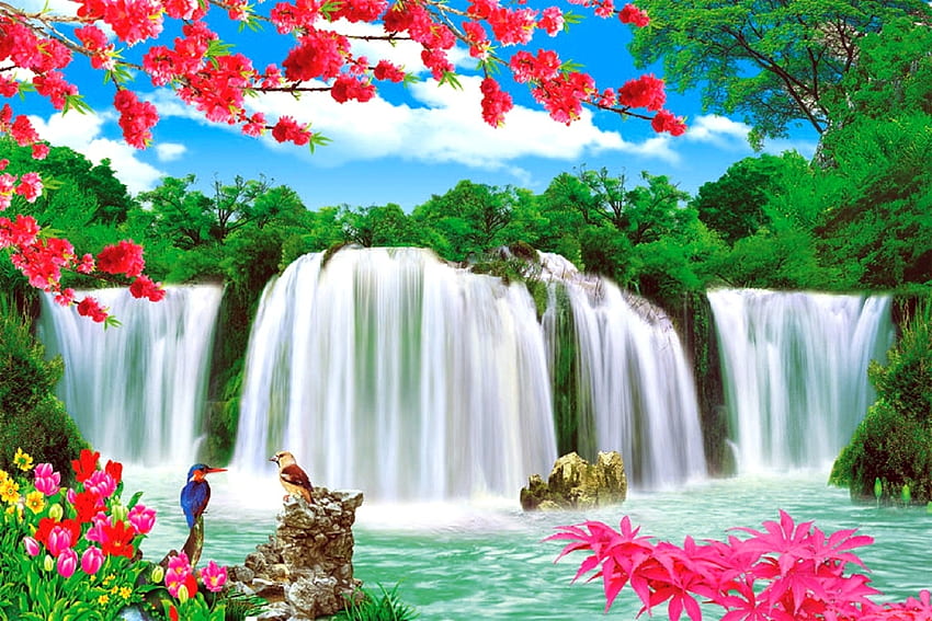 Красиви водопади, водопади, птици, атракции в сънищата, рай, картини, водопади, лято, любов четири сезона, национален парк, дървета, природа, цветя HD тапет