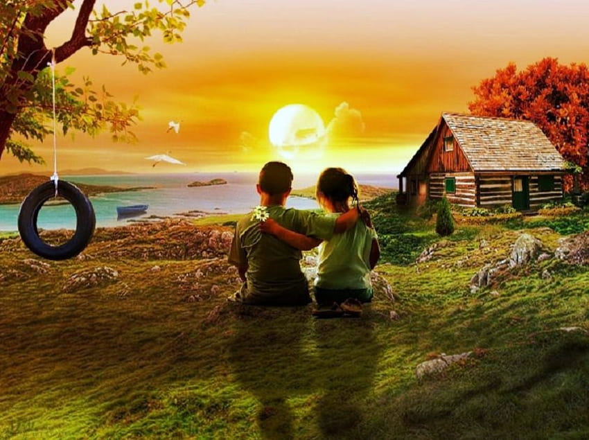 พระอาทิตย์ตกแรก บ้านไร่ ชนบท ดอกเดซี่ ทะเลสาบ ท้องฟ้าสีทอง ดูพระอาทิตย์ตกดิน ต้นไม้ในฤดูใบไม้ร่วง ชิงช้าต้นไม้ เด็กหญิงและเด็กชาย เพื่อน พระอาทิตย์ตก วอลล์เปเปอร์ HD