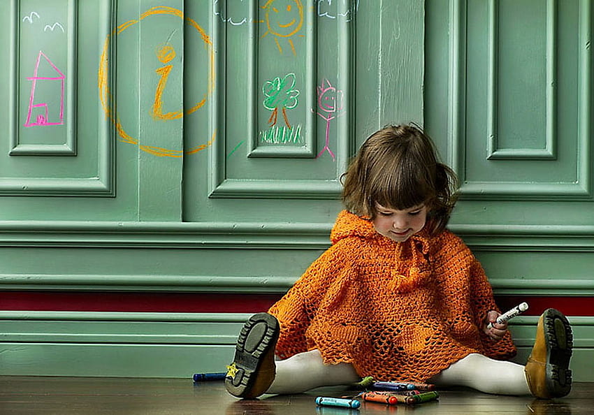 Artiste en fleurs, petite fille, tenue orange, dessins sur mur, mur, crayons Fond d'écran HD