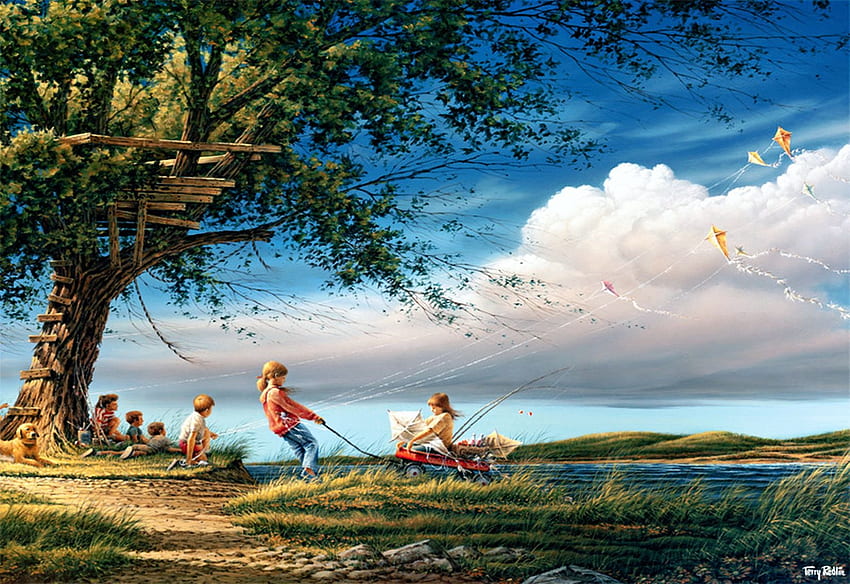 Spring Fever, artwork, children, painting, clouds, meadow, nature, sky, tree HD wallpaper