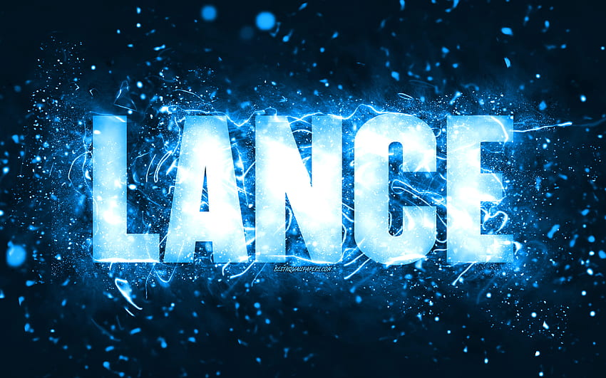 Happy Birtay Lance, , blaue Neonlichter, Name Lance, kreativ, Lance Happy Birtay, Lance Birtay, beliebte amerikanische männliche Namen, mit dem Namen Lance, Lance HD-Hintergrundbild