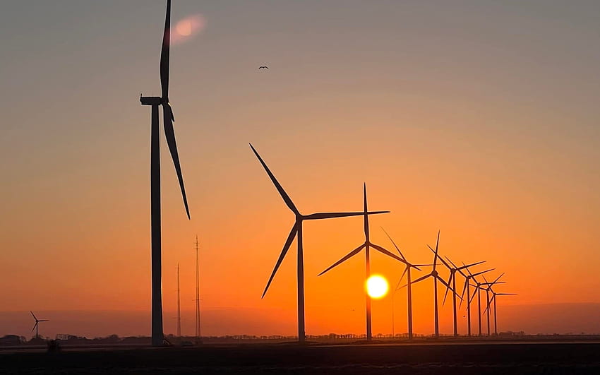 Turbin Angin saat Matahari Terbenam, Latvia, turbin angin, lapangan, matahari terbenam Wallpaper HD