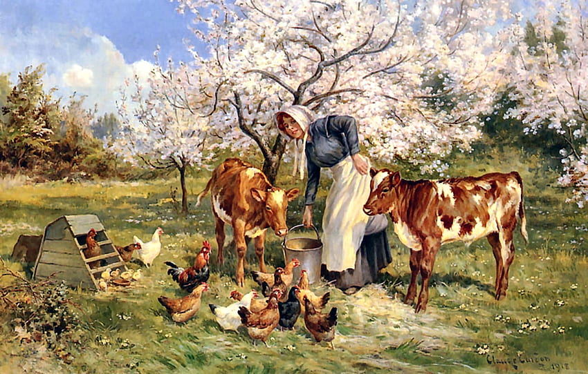 Spring Feeding Time in the Orchard F, arte, linda, ilustração, obra de arte, tela larga, vacas, pintura, galinhas, animais de fazenda papel de parede HD