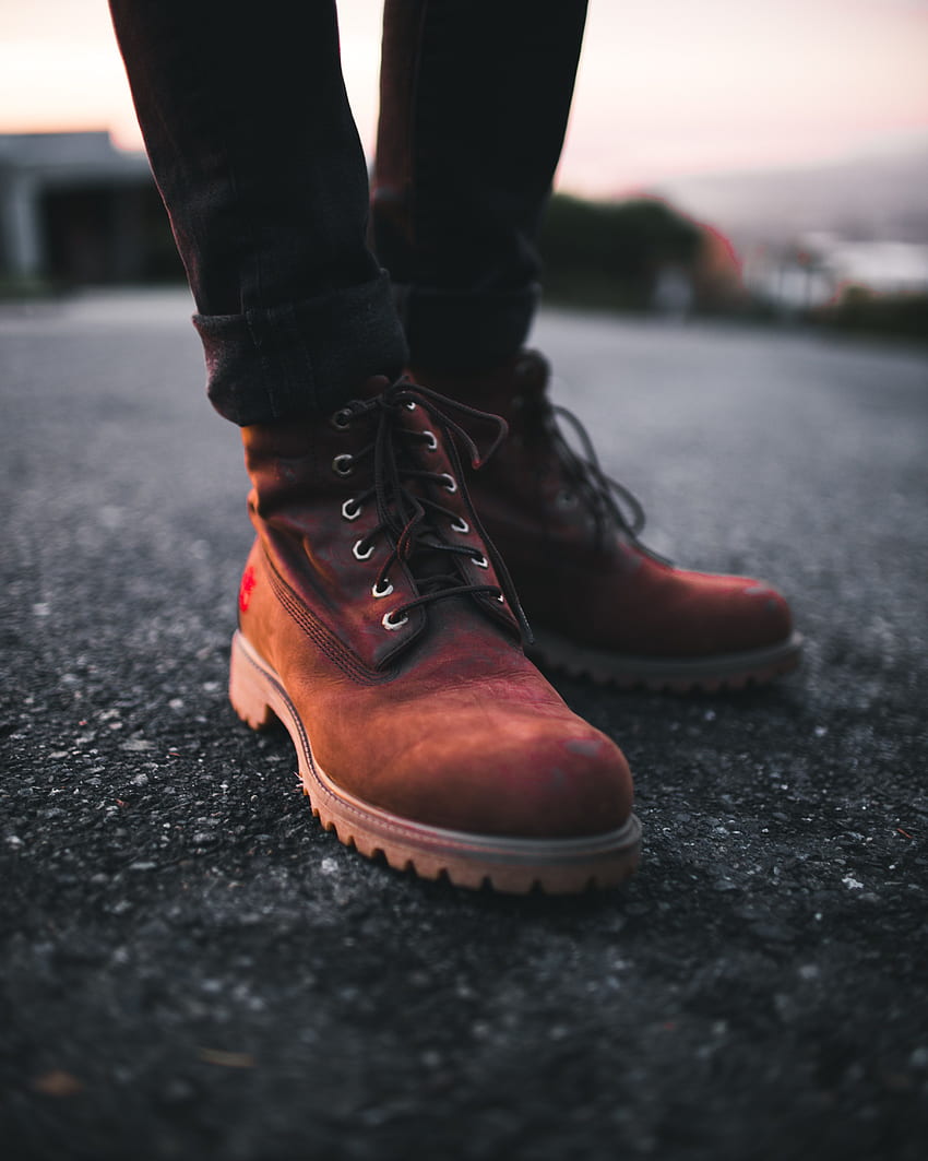 Person Wearing Pair of Brown Timberland Work Boots and Black Denim HD phone wallpaper