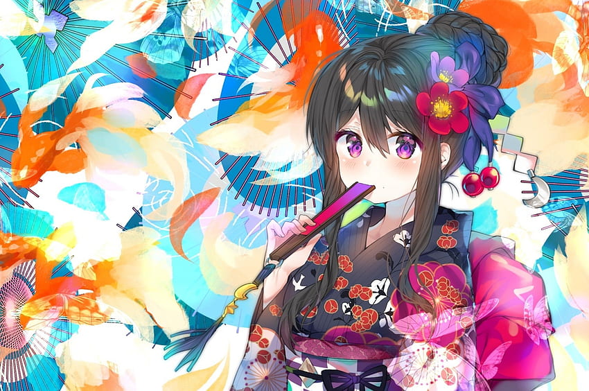 Ragazza anime carina, Yukata, colorato, pesce, farfalla, capelli castani per Chromebook Pixel Sfondo HD