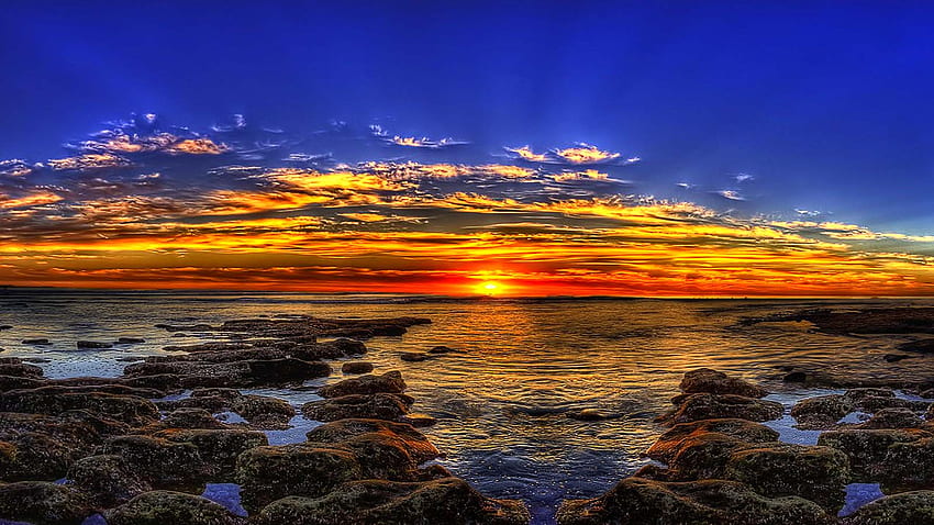Surprising, blue, sea, ember, sky, rocks, sunset, beauty, beach HD wallpaper
