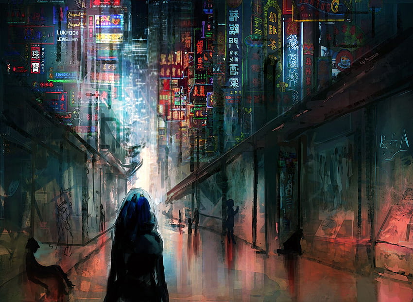アニメ サイバーパンク フィクション 街の明かり 夜 建物 未来的 高画質の壁紙