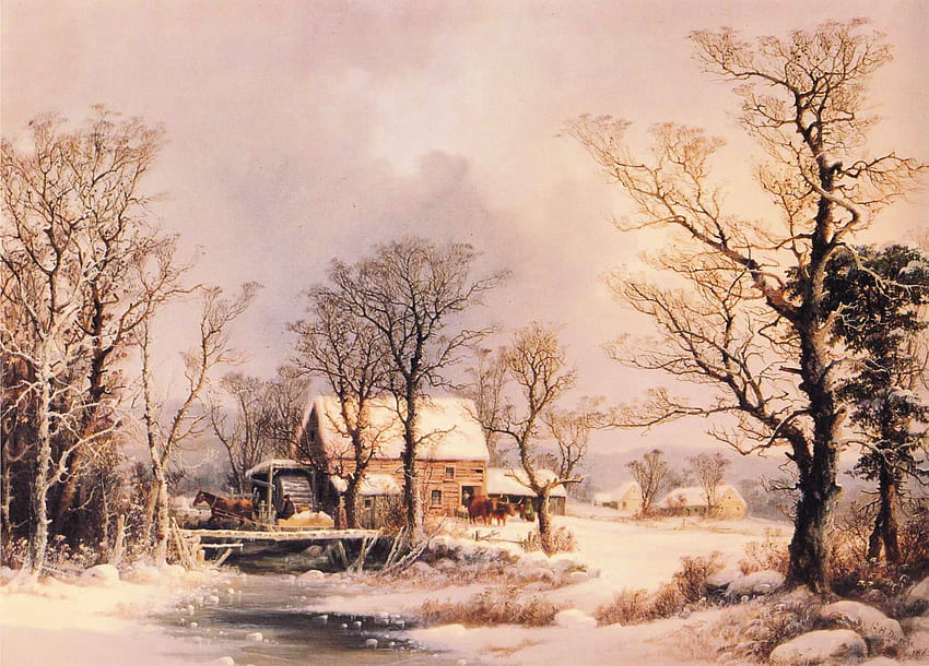 Winter Grist Mühle, Mühle, Kälte, Brücke, Land, Bach HD-Hintergrundbild