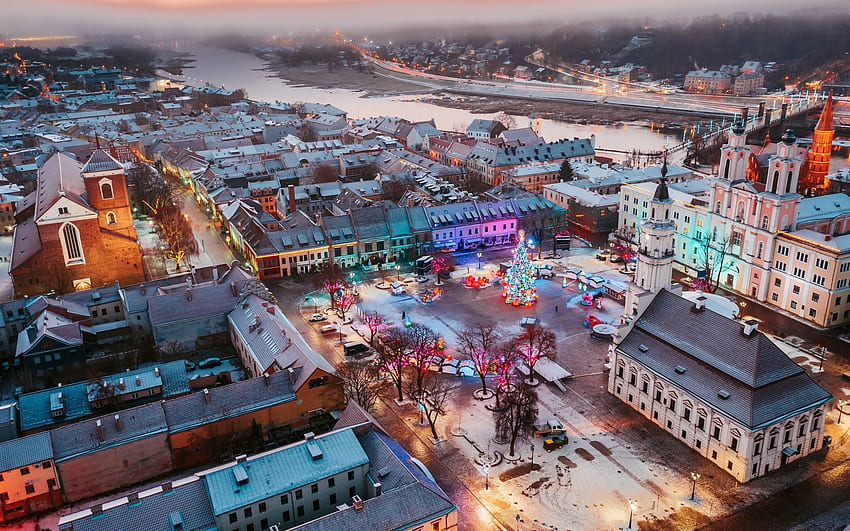 Kaunas, winter, aerial view, square, Christmas, Christmas in Europe HD wallpaper