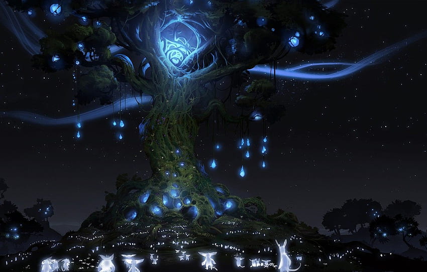 night, lights, tree, spirit, animals, Ori And The Blind Forest for , section игры HD wallpaper