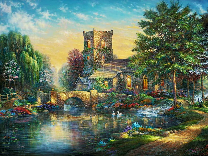 Willow Wood Chapel, artwork, river, swans, painting, trees, bridge, flowers, church HD wallpaper
