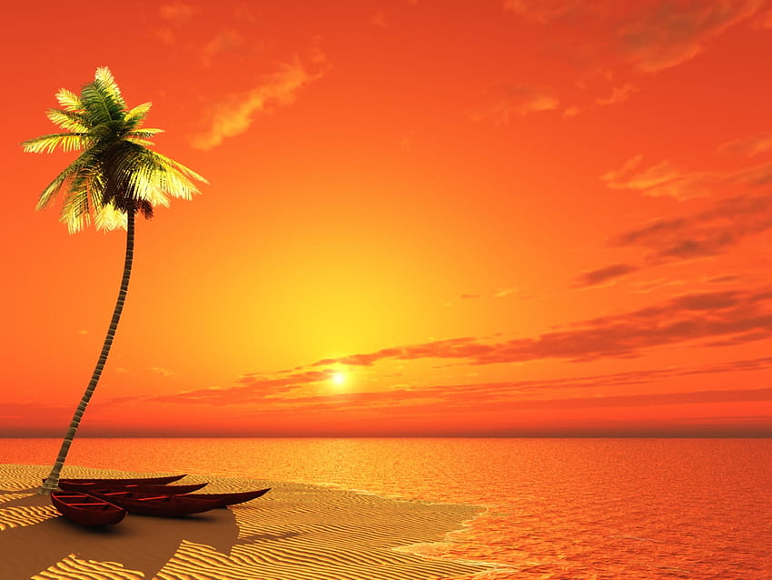 Sunset Sun, Beach, Boats, Orange Sky, Fantasy, Painting HD wallpaper
