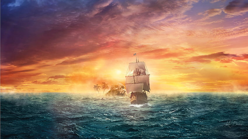 Barco alto en el mar, mar, tema de Firefox Persona, tormentoso, isla calavera, barco alto, viento, Piratas, velero, cielo, puesta de sol fondo de pantalla
