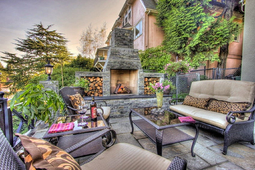traditional patio with fireplace, patio, architecture, fireplace, house HD wallpaper