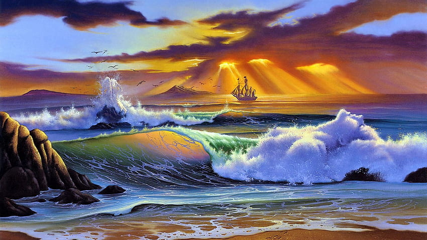 mar??, playa, arte, pintura, artesanía, sol, rayos, tarde, tormenta completo, pintura de mar fondo de pantalla