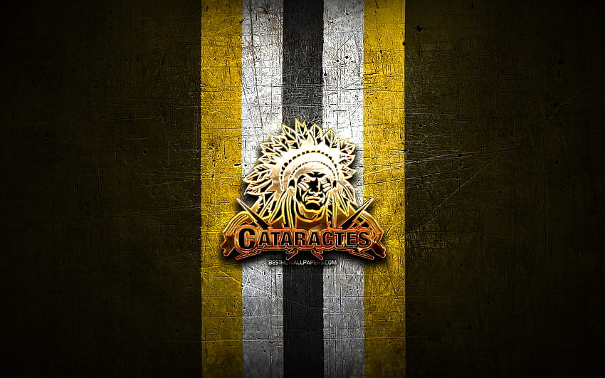 Shawinigan Cataractes, golden logo, QMJHL, yellow metal background, canadian hockey team, Shawinigan Cataractes logo, hockey HD wallpaper