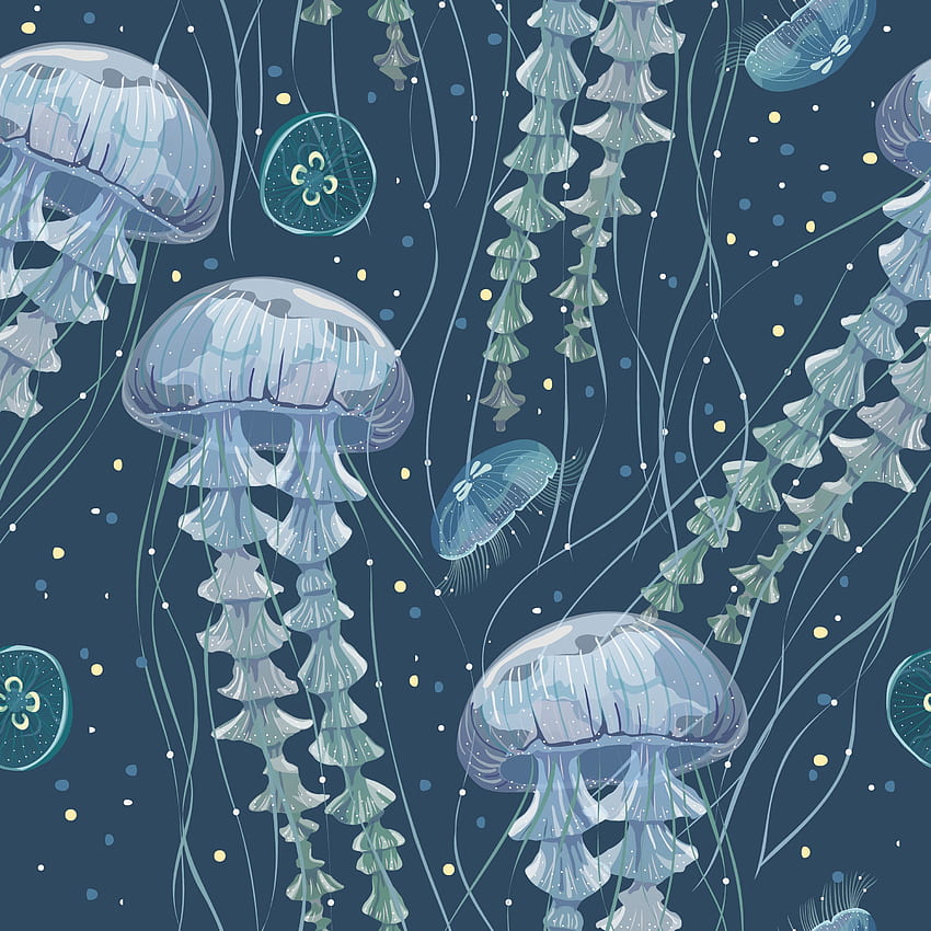 Art, Jellyfish, Vector, Underwater World, Tentacles, Seaweed, Algae HD phone wallpaper