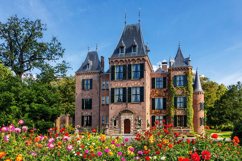 Castello di Keukenhof, Paesi Bassi, alberi, fiori, castello, Paesi Bassi Sfondo HD