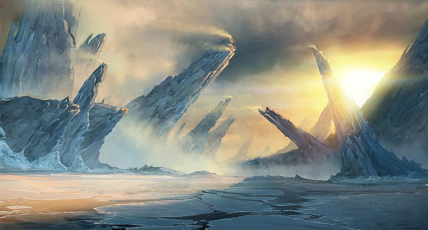 arte fantasy, arte digitale, natura, paesaggio, ghiaccio, luce solare, montagna, formazione rocciosa / e mobile, fantasia di ghiaccio Sfondo HD