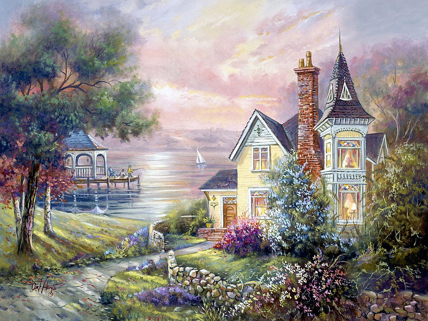 Rumah Victoria, karya seni, lukisan, rumah, gazebo, bunga, pohon, danau Wallpaper HD