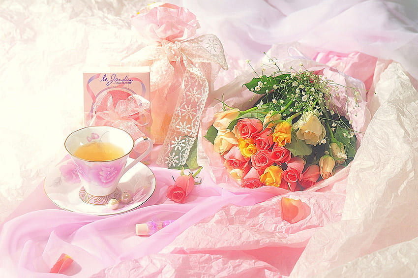 .Duft von Rosen., süß, geliebter Valentinstag, Gefühl, Geschenke, Kräuter, Bögen, schön, Orange, Duft, Liebe vier Jahreszeiten, hübsch, Liebe, Perle, gelb, Teetasse, reizend HD-Hintergrundbild