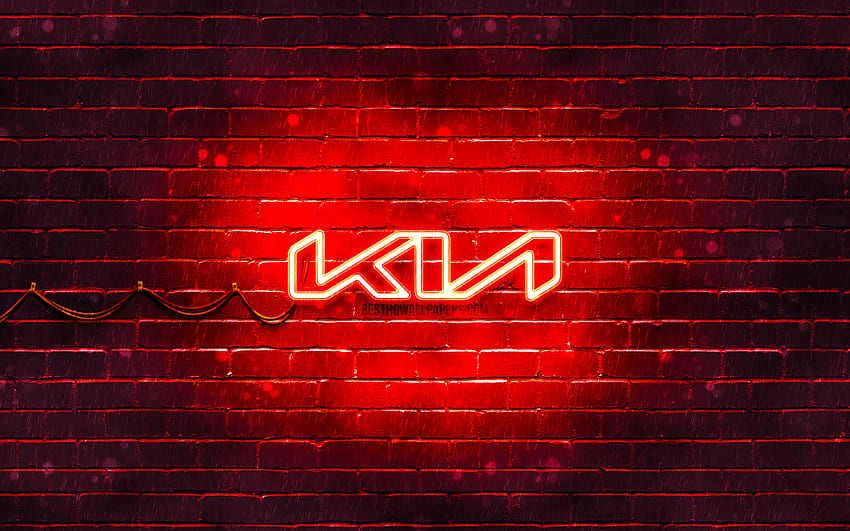 KIAの赤いロゴ、赤いブリックウォール、KIAの新しいロゴ、車のブランド、KIAのネオンのロゴ、KIA 2021のロゴ、KIAのロゴ、KIA 高画質の壁紙