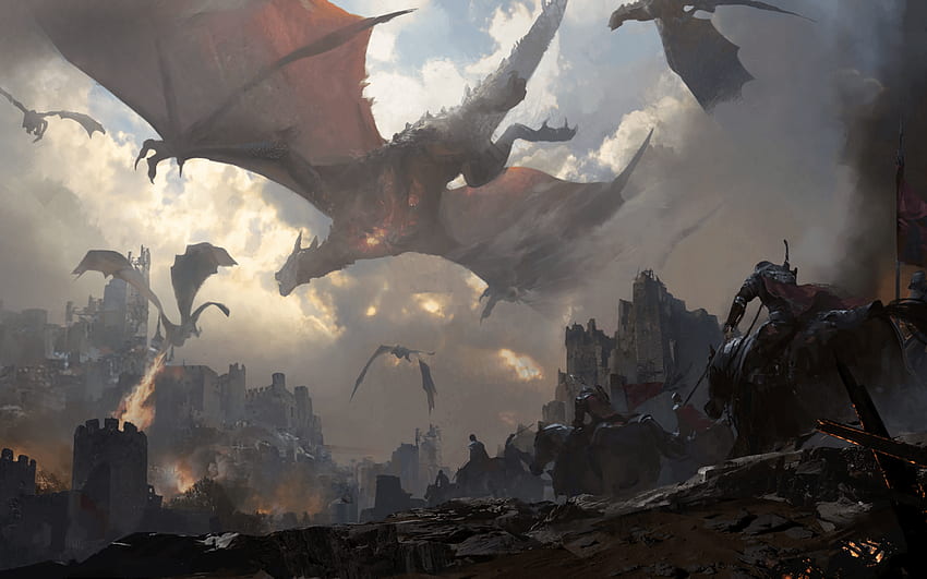 Dragon, Knights, Castle, Battle, Horses, Sky, Fire HD wallpaper