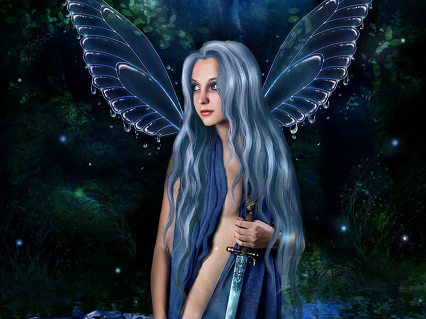 Fantasy Blue สีน้ำเงิน ปีก ศิลปะ นางฟ้า ความงาม 3d แฟนตาซี นามธรรม ผม วอลล์เปเปอร์ HD