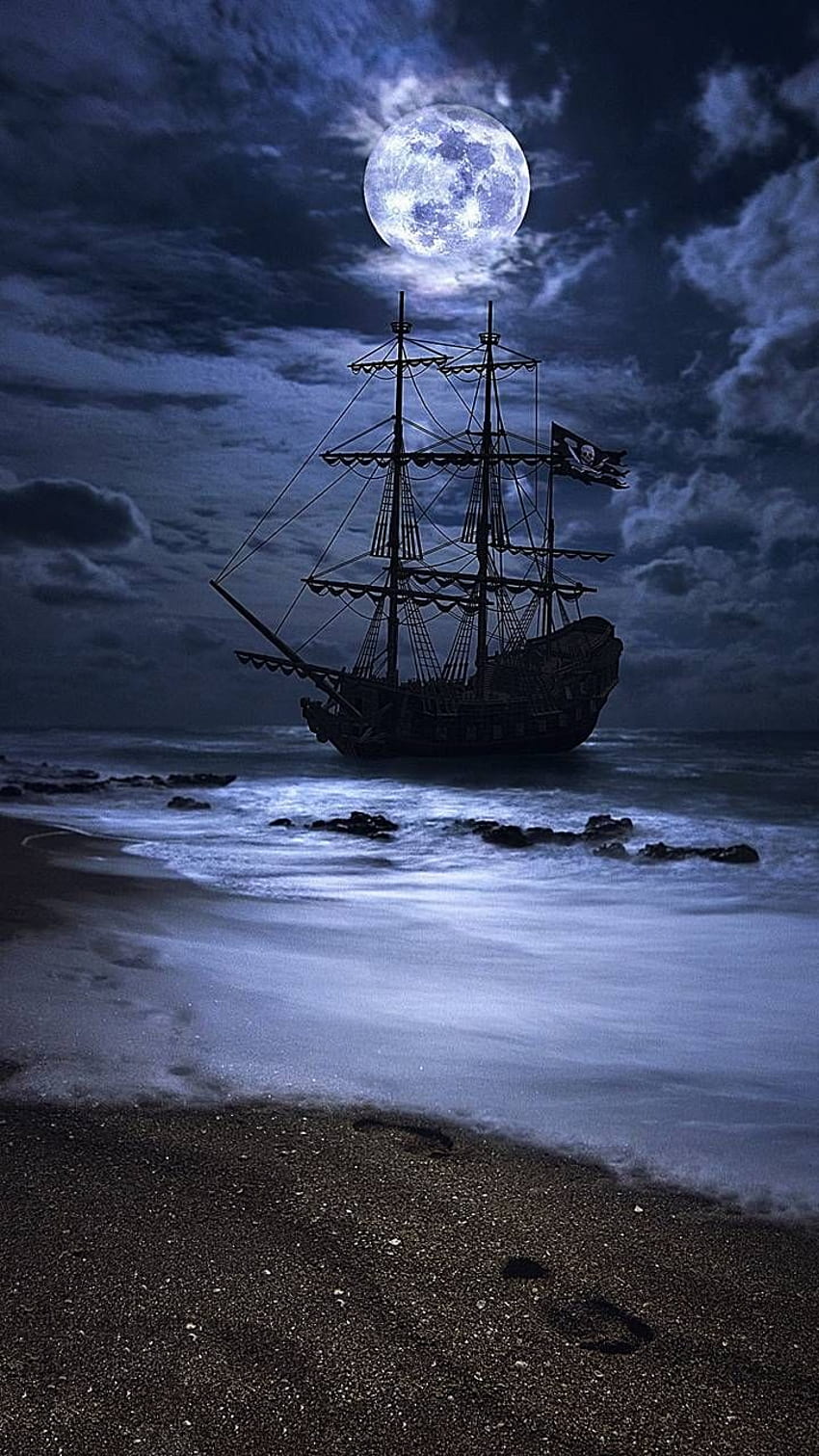 Pirate Ship Sailing away from Skull Island 4K wallpaper download