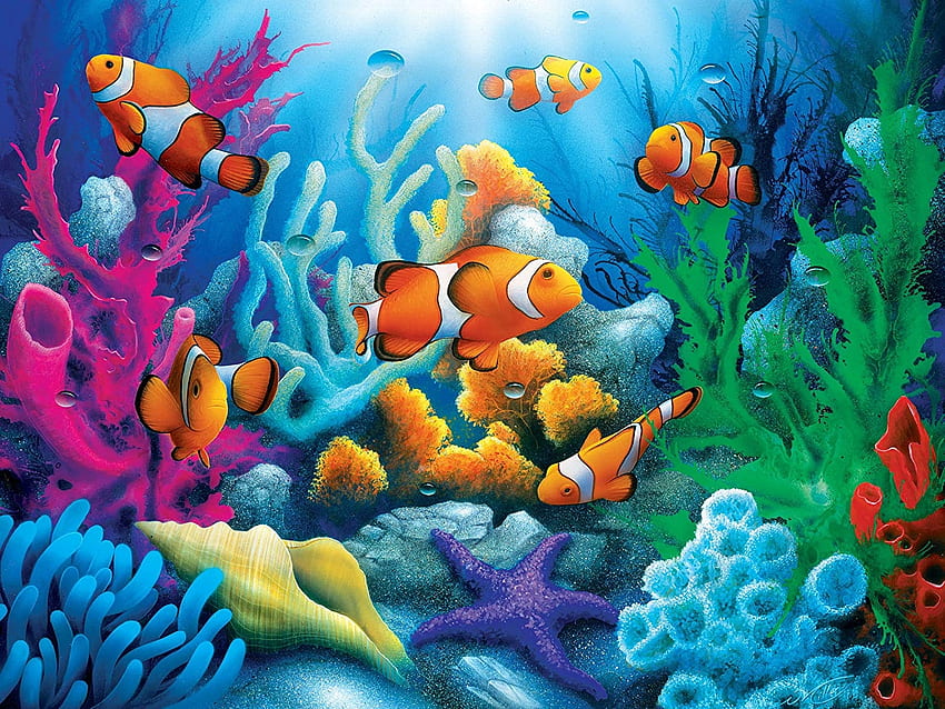Риба клоун, море, цветна, синя, корал, peste, екзотична, оранжева, лятна, розова, под вода, вода, vara HD тапет