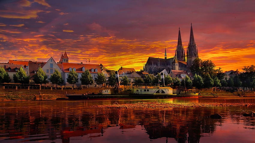 Regensburg, เยอรมนี, พระอาทิตย์ตก, พื้นหลังแล็ปท็อปของ Cityscape เมือง , ศิลปะเมือง , เรเกนสบวร์ก วอลล์เปเปอร์ HD