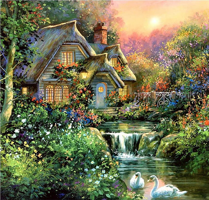 Jim Mitchell - Cottage, jim mitchell, fiume, pittura, arte, cottage Sfondo HD