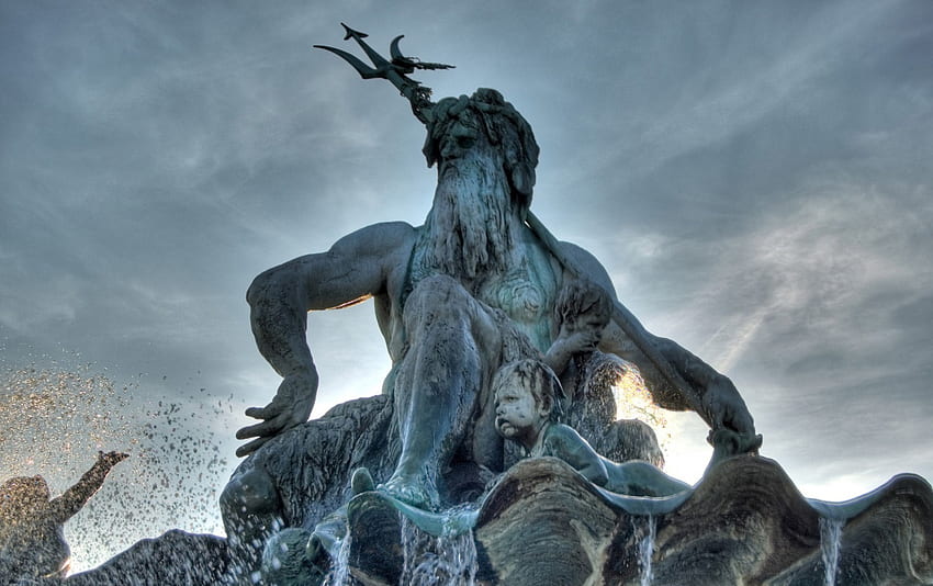 Poseidon, god, triton, architecture, monuments, beautiful, trident, statue, clouds, sky HD wallpaper