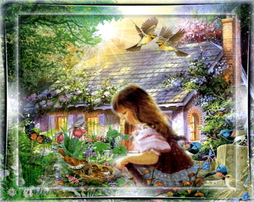 girl with birds nest, bird, framed, garden, cute, girl, beautiful, cottage, lovely, child HD wallpaper