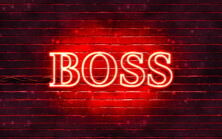 Hugo Boss kırmızı logosu, kırmızı brickwall, Hugo Boss logosu, moda markaları, Hugo Boss neon logosu, Hugo Boss HD duvar kağıdı