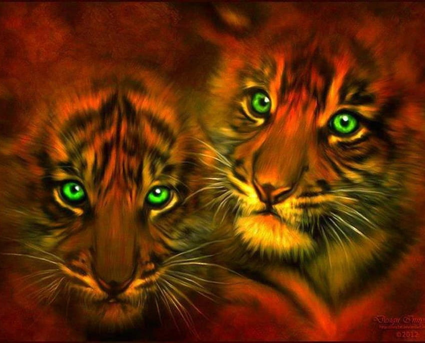 Sweet Tiger Cubs, doce, dois, tigre, verde, olhos, fofos, filhotes papel de parede HD