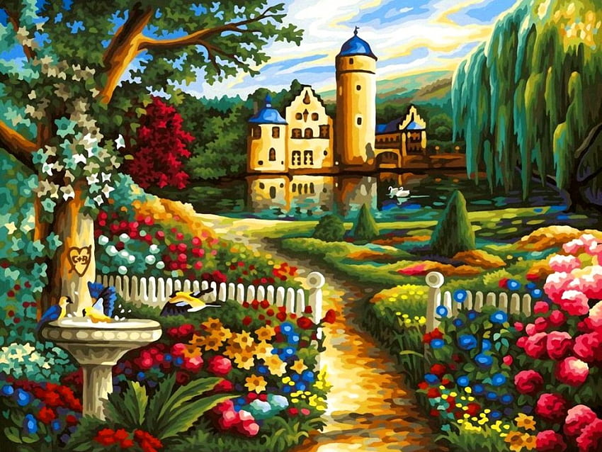 Un château en été, coloré, réflexion, fontaine, arbres, château, étang, art, chemin, jardin, beau, lac, été, cygnes, joli, peinture, fleurs, saule, charmant, forêt Fond d'écran HD
