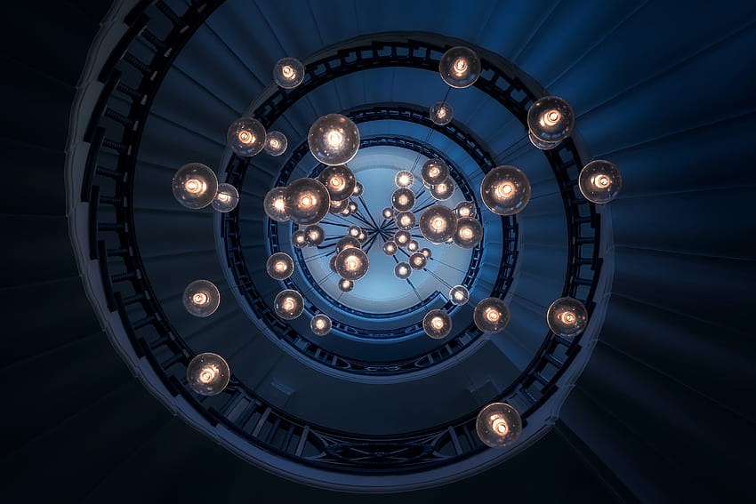 Staircase, lights, ceiling, spiral, architecture, interior HD wallpaper