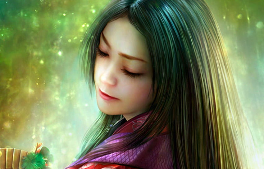 Kuzumohime (detail), art, brunette, girl, woman, pink, fantasy, green ...