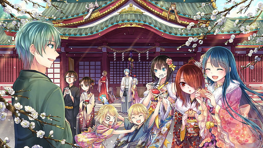 Anime-Mädchen, Freunde, Anime-Junge, Kimono, bunt, Lachen, traditionelles Gebäude für U-TV HD-Hintergrundbild