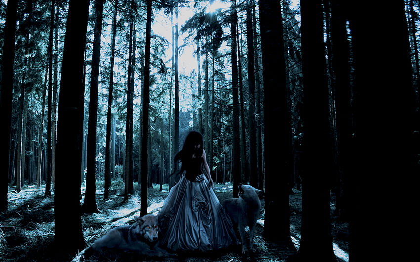 girl with wolves, white, goth, girl, wild, gothis, dark, pretty, animals, trees, forest HD wallpaper