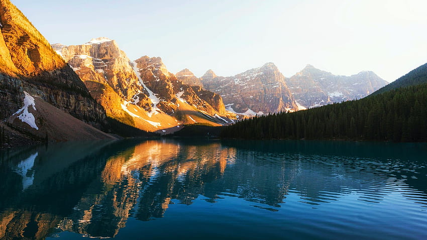 Moraine Lake in Banff National Park during sunset, sky, mountains, water, alberta, canada, reflections HD wallpaper