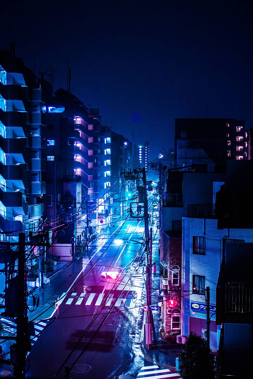 日本の東京の雨の夜。 都市、都市美学、アニメ都市、ジャパンブルー HD電話の壁紙