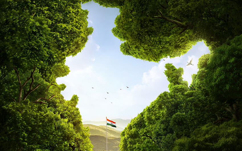 Indian flag, flagpole, art, forest, Indian Landscape HD wallpaper