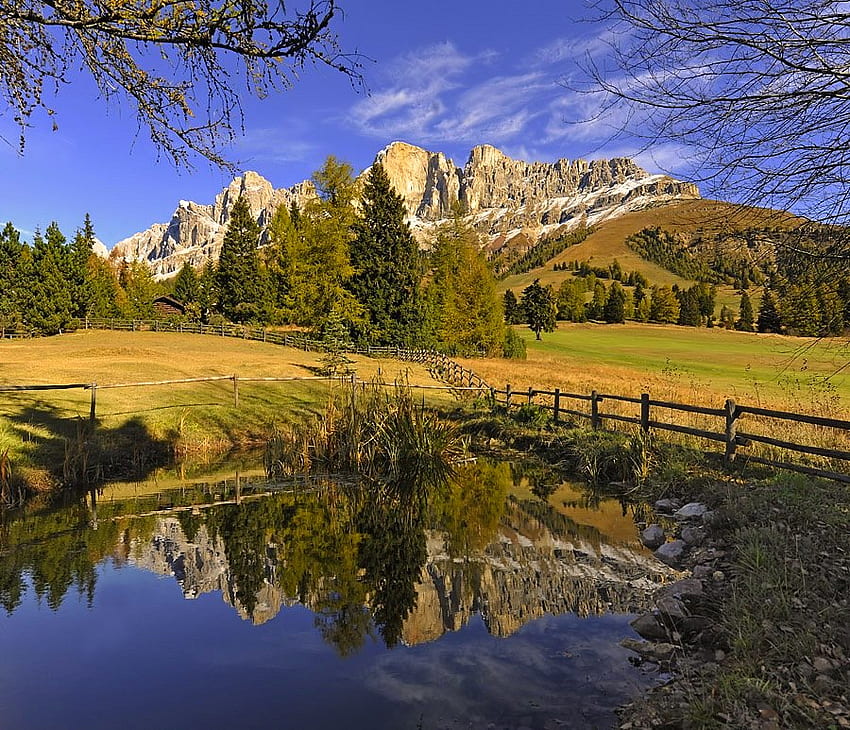 Autumn Lake Reflection - Dolomites, automne automne, art, réflexion, champ, arbres, beau, montagnes, lac Fond d'écran HD
